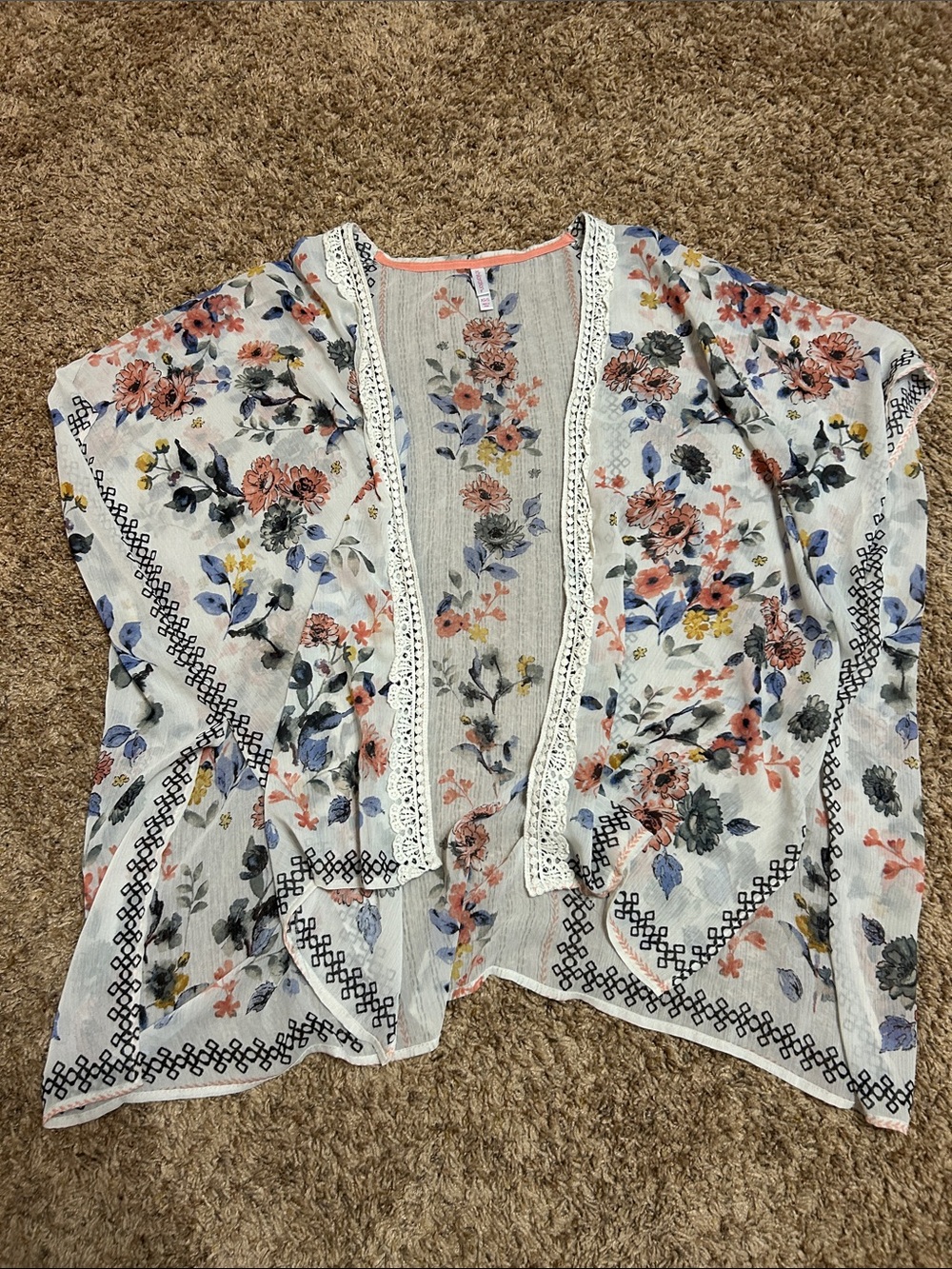 Floral Open-Front Lightweight Kimono Cardigan - White with Pink & Blue Flowers
